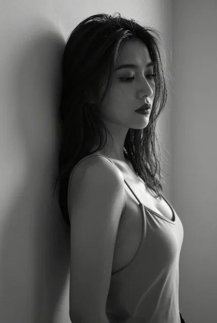 A black and white artistic photograph featuring a woman in a minimalist setting, showcasing pure desire style with soft lighting, high contrast, and emotional depth, captured with professional composition and post-processing techniques.