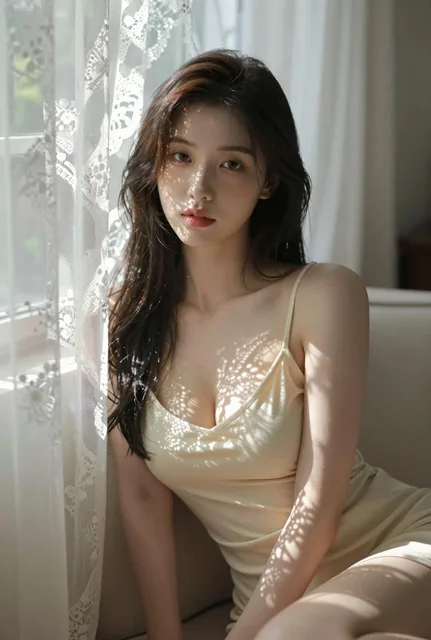 A young woman sits on a sofa in an indoor setting with lace curtains, bathed in soft natural light that creates delicate shadows and highlights, embodying the pure desire style with a calm, thoughtful expression.