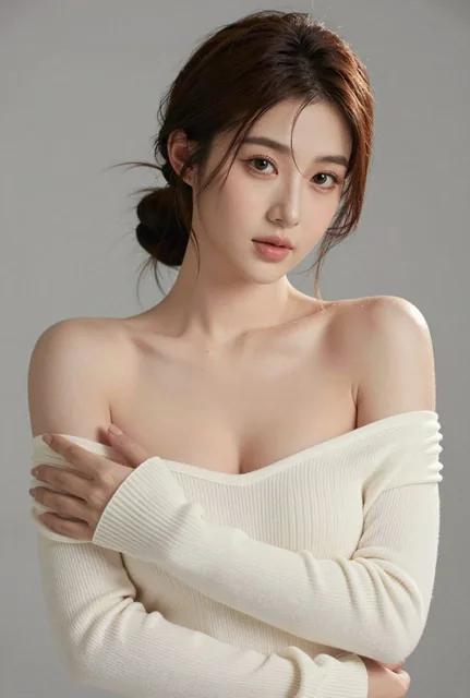 A professional female portrait in pure desire style, featuring a young woman in a beige off-shoulder knit sweater against a minimalist light gray background, with soft lighting, natural makeup, and elegant pose.