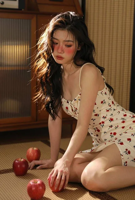 A female portrait in a pure desire style, featuring a model in a vintage white dress with red floral patterns, sitting on a woven mat with red apples, captured with soft warm lighting and shallow depth of field in an indoor setting with wooden cabinets and bamboo curtains.
