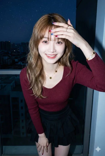 A realistic portrait of a sweet-faced woman in her mid-20s standing on a home balcony, joyfully touching her light brown wavy bangs under a starry night sky, wearing a maroon top and black skirt with gold jewelry, illuminated by camera flash for a sharp night-photography effect.