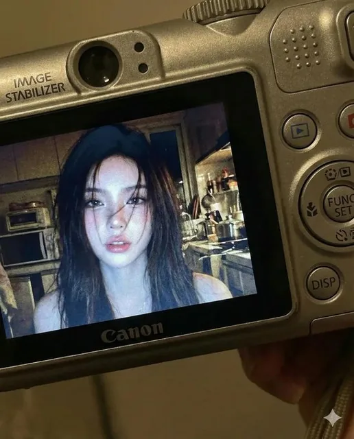 A close-up shot of a young woman displayed on the screen of a compact Canon digital camera, with the camera body's buttons and dials visible, featuring a candid indoor flash portrait against a blurred kitchen background, evoking early 2000s digital camera aesthetics.