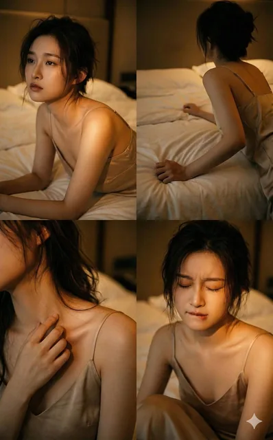 A woman in a silk slip lies alone on a large bed in a warm, empty bedroom, with soft lighting creating a Wong Kar-wai-inspired cinematic scene. The image features a four-panel composition, capturing subtle emotional tension and erotic undertones in a 16K film grain style.