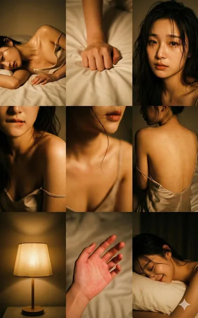 A nine-grid intimate photography series in a boyfriend's first-person perspective, shot with a Leica M6 camera in a humid, stormy setting. The images feature subtle, heated moments with a Wong Kar-wai style, coarse film grain, 16K cinematic quality, warm yellow lighting, and an atmosphere filled wit