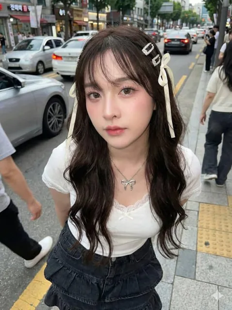 A young woman with dewy, glowing skin and shrimp-toned Y2K makeup, wearing a white lace-trimmed T-shirt and black ruffled jeans, holding a green tea cup on a Korean street with passing cars and flash lighting.