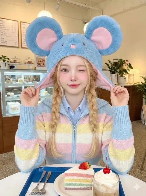 A high-quality cute portrait photo of a young girl sitting in a cozy café, wearing an oversized blue plush mouse hat and a pastel striped cardigan, with a playful wink and smile, holding the hat's sides, surrounded by pastel cake and drinks on a blue tray, captured in bright soft-flash lighting with