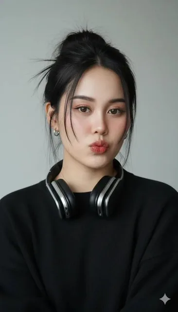 A hyper-realistic close-up portrait of a woman with jet-black hair in a messy bun, wearing silver square glasses and small hoop earrings, featuring modern wireless headphones and an oversized black sweater, set against a plain light gray background with soft natural lighting.