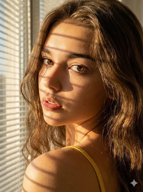 A close-up photograph of a young woman with long brown wavy hair looking over her shoulder, with warm sunlight streaming through window blinds casting horizontal shadow lines on her face, shoulder, and hair, wearing a yellow spaghetti strap top against a blurred background.