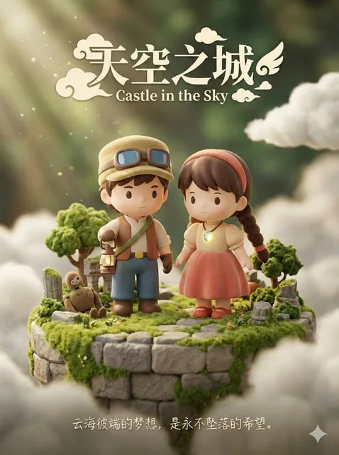 A 3D digital render of a cute Q-version toy figurine in a miniature diorama, featuring smooth matte resin textures contrasting with soft flocked plush details, bathed in warm diffused light with shallow depth of field and bokeh background, styled as a healing movie poster with clean bilingual typogr