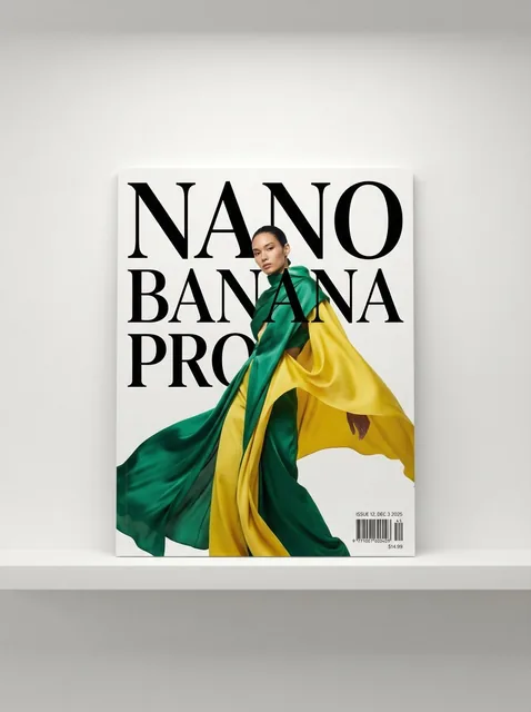 A glossy magazine cover featuring large bold serif text 'Nano Banana Pro' in black on white, with a dynamic portrait of a person in green and banana yellow high-end fashion in front, issue number and today's date in the corner with a barcode and price, placed on a white shelf against a wall.