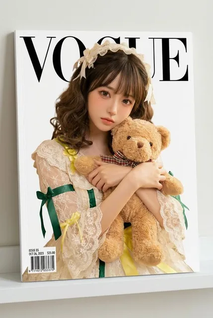 A glossy magazine cover photo featuring a portrait based on the uploaded image as the main subject, with large bold serif text in black on a white background, partially obscured by the figure. The cover includes small issue number, date, price, and barcode in a corner, placed on a white shelf agains