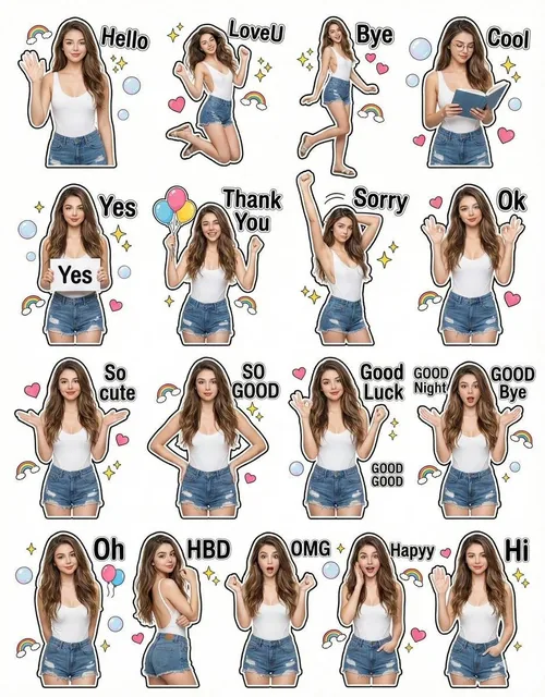 A set of ultra-realistic stickers featuring a woman with long voluminous hair, maintaining 100% of her original facial features from the provided image, in various poses with cheerful decorations like rainbows and hearts, styled in a white bodysuit and denim shorts.