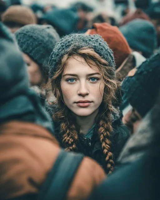A cinematic AI-generated street portrait showing a calm, introspective traveler standing still amidst a blurred, moving urban crowd, with soft lighting and high-fidelity realism.