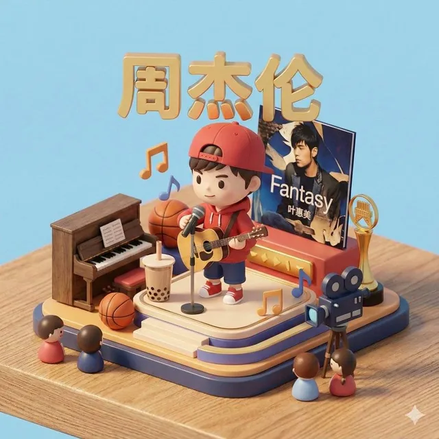 A detailed 3D cartoon-style miniature scene featuring Jay Chou at the center, with icons of key elements like musical instruments and symbols, rendered in Cinema 4D with PBR materials and soft lighting on a solid-color background.