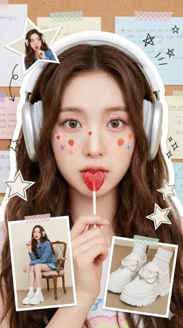 A bright and youthful fashion portrait collage in a vertical format, accurately replicating a person's features from an uploaded photo with playful stickers, a corkboard background, and scrapbook-style frames showcasing different outfits.