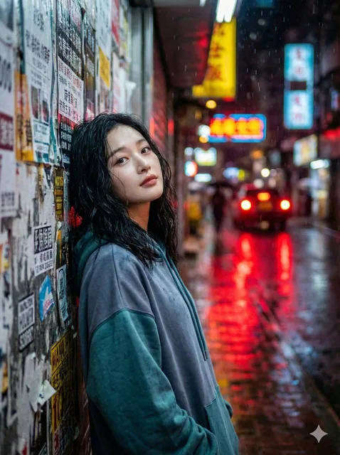 A high-resolution vertical portrait of a woman with wavy black hair in a dreamy gaze, wearing an oversized slate grey/teal hoodie against a poster-covered wall on a rainy night in a Tokyo/Seoul/Hong Kong style city street, with neon reflections and shallow depth of field.