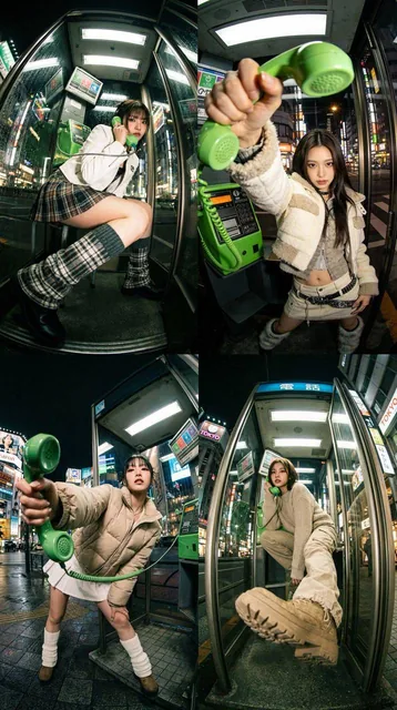 A photorealistic ultra wide-angle shot with an extreme camera angle, showing a person in a stylish pose where body parts near the lens appear huge and the rest recedes in perspective, set in an expanded Tokyo city night environment with a telephone booth.