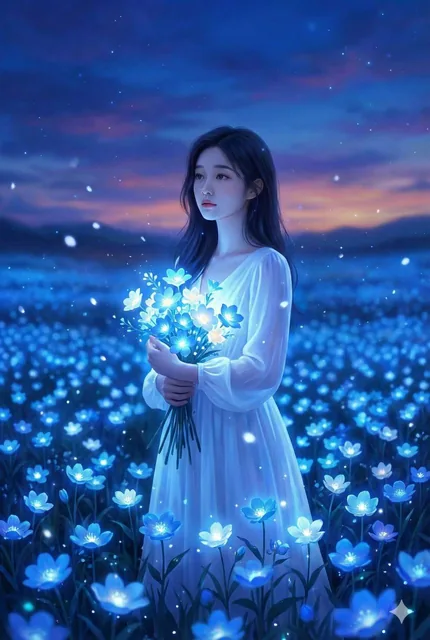 A serene young woman stands in a vast field of glowing blue flowers under a dreamy twilight sky, holding a radiant bouquet, with soft snow-like particles floating around her.