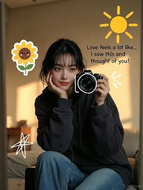 A photorealistic image of a young woman sitting casually on a chair, taking a mirror selfie in a warm beige minimal interior with soft studio lighting. She wears a dark oversized hoodie and blue jeans, holds a professional camera, and has a soft dreamy smile. Cute cartoon doodles like a smiling sunf