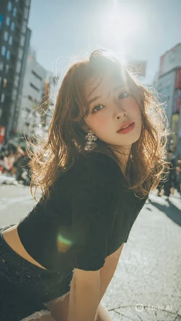 A young Japanese beauty model in a stylish black outfit with short jeans, posing outdoors in Tokyo city with soft sunlight, featuring long wavy hair, K-beauty makeup, and a cinematic glow.