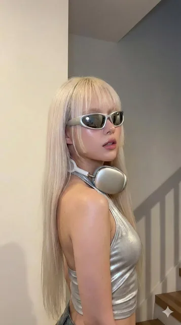 A young woman with a futuristic Y2K aesthetic, featuring fair glowing skin, very long straight platinum blonde hair with blunt bangs and hime cut, wearing metallic silver wraparound sunglasses and large silver over-ear headphones, dressed in a shiny metallic silver halter neck top, posed in a side p