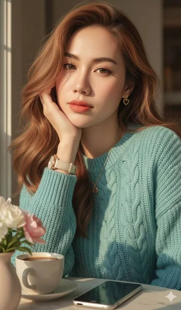 A photorealistic portrait of a young woman with long wavy brunette hair resting her chin on her hand, wearing a teal cable-knit sweater and a wristwatch, sitting at a white marble table by a window in warm golden-hour sunlight, with a coffee cup, roses, and a smartphone on the table, in a soft-focus