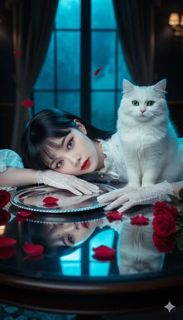 A young woman with black hair and bangs lies on a reflective wooden table, her chin resting on white lace-gloved hands on a silver mirror, wearing a white ruffled blouse and red lipstick, with a white cat with green eyes beside her in a dimly lit room with a window showing a blue night exterior, dar