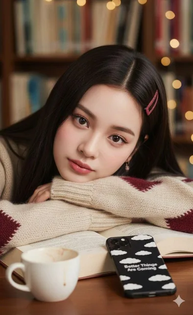 A photorealistic portrait of a young woman with long dark hair and a pink hair clip, wearing a beige knit sweater with red geometric pattern, resting her chin on crossed arms over an open book on a wooden desk in a blurred library background with fairy lights, featuring a white coffee mug and a smar