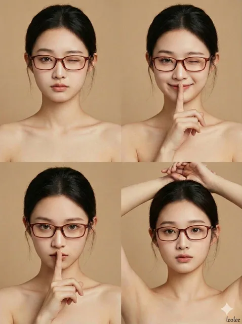 A four-panel grid portrait of a young woman with fair skin, dark hair in a ponytail, and reddish-brown rectangular eyeglasses, featuring different poses and expressions in a light taupe studio background with soft lighting.