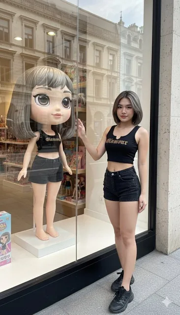 A bright, high-end street-fashion photograph of a woman standing outside a luxury toy-shop window, gently touching the glass. Inside the window, a full-height cartoon-style doll with big eyes and stylized features mirrors her exact appearance, creating realistic reflections in a crisp lighting setti