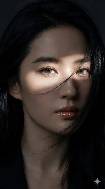 An 8K ultra-realistic close-up portrait of a fair-skinned female with black windswept hair partially covering one eye, featuring an intense elevated gaze with light-colored irises, high cheekbones, glossy lips, illuminated by a sharp diagonal beam of natural light against deep shadows.