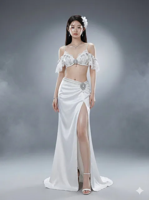 An elegant female model in a minimalist high-fashion studio, wearing a luxurious white two-piece evening outfit with a high slit, standing confidently with a glowing face and Vogue-style background, showcasing couture details and editorial quality.