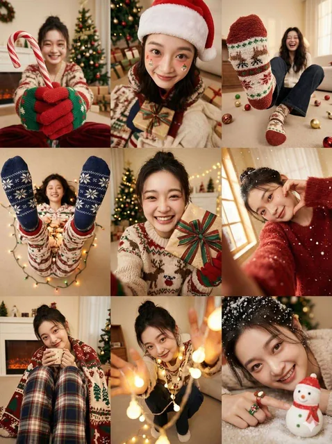 A vertical 3:4 ratio image with a fixed nine-grid layout, each cell showing an independent shot of a person in warm Christmas attire. The composition uses ultra-wide-angle or fisheye lens for exaggerated perspective, featuring diverse camera angles like low-angle, high-angle, and Dutch tilt, with cl