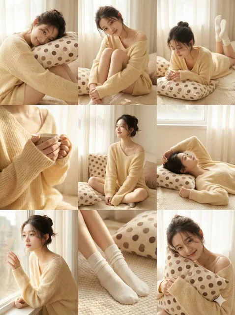 A soft and cute girl in a creamy yellow oversized knit sweater, posing lazily with polka-dot pillows in a cozy bedroom setting with soft side window lighting and warm tones, arranged in a 3x4 grid layout.