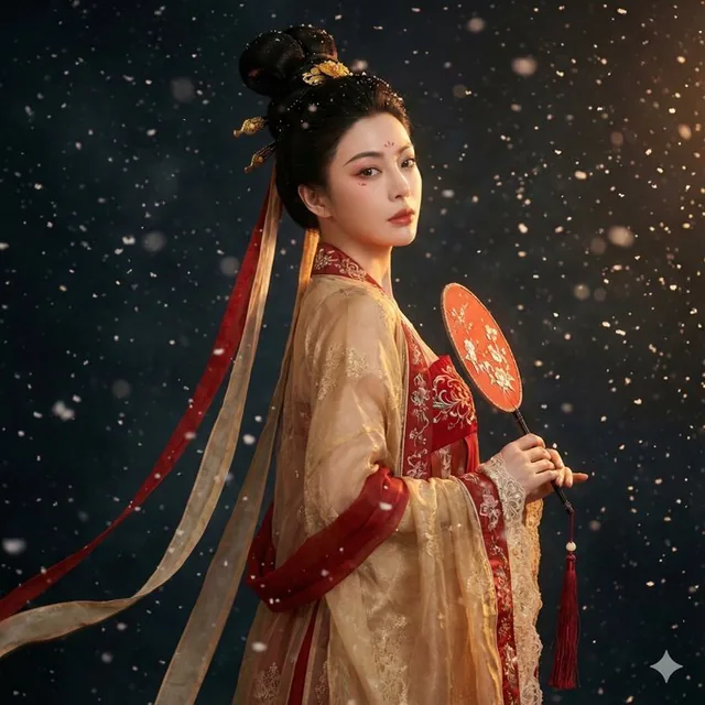 A hyper-realistic 4K fashion photograph of a young East Asian woman in elegant Tang Dynasty attire, holding a red embroidered round fan, glancing back amidst falling snow against a dark background with cinematic lighting.