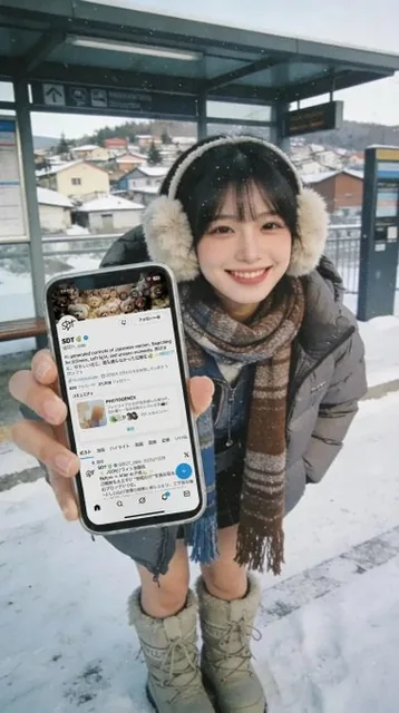 A photorealistic image edited with an extreme wide-angle effect, showing a person holding a phone with a replaced screen, maintaining the original character's identity, outfit, and environment style in a dynamic and balanced composition.