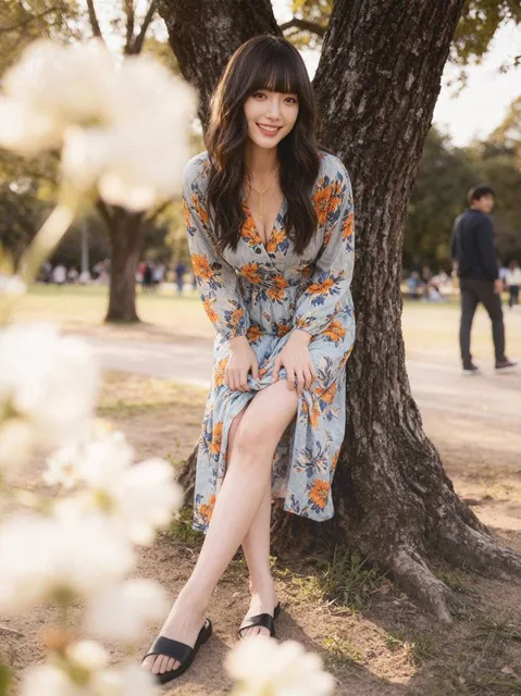 A blue floral print maxi dress with long sleeves and flowing silhouette, featuring orange and yellow flower patterns on a light blue background, paired with a blue structured handbag and black flat sandals in a bohemian casual style.