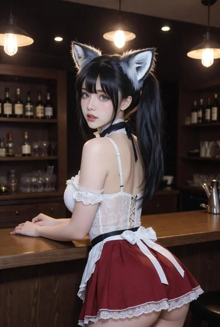 A photorealistic image of a cozy maid café at night, featuring a young East Asian woman with long black hair in low pigtails and fluffy gray wolf ears, wearing a white lace-strap maid top and short black skirt, leaning playfully on a wooden bar counter. The background shows dimly lit shelves with bo