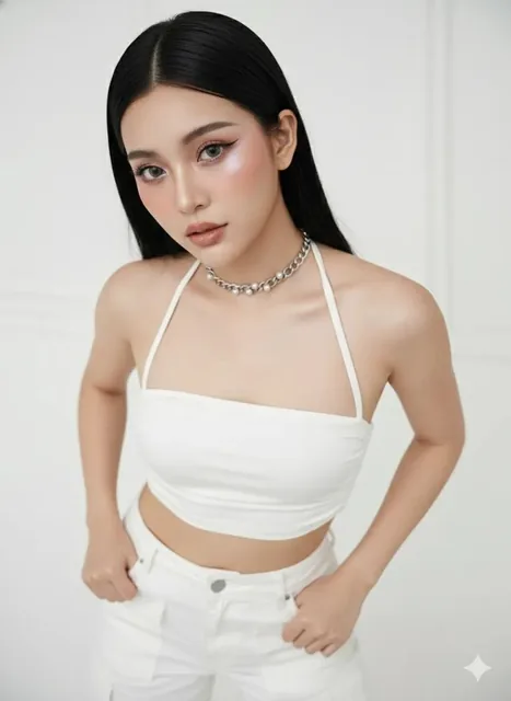 A futuristic portrait of a girl with jet black shoulder-length hair, pale glass-skin complexion, intense cool-toned purple/silver highlighter on cheekbones and nose, thin black eyeliner, and spiky lashes, set against a neutral background.