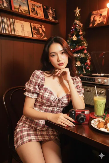A hyper-realistic portrait of a cute Asian woman sitting at a dark wooden table in a vintage-style room, wearing a red-and-white plaid puff-sleeve crop top with a ribbon bow, in a retro music cafe decorated with CDs, vinyl records, and Christmas items, under warm tungsten lighting with direct flash.