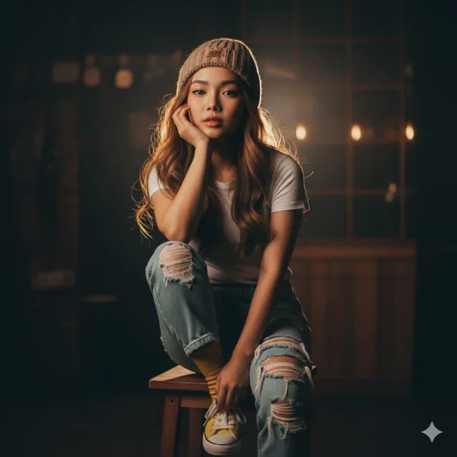 A dark cinematic indoor portrait of a young woman in a low-light café or bakery, featuring deep shadows, strong contrast, rim light outlining her long wavy hair, and a cute youthful expression. She wears a knitted beanie and oversized sweater, sitting in a relaxed pose with one leg bent and hand res
