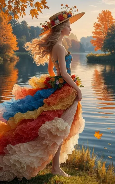 A photorealistic image of a beautiful young woman with long golden-blonde hair standing barefoot at a serene autumn lake during golden hour, wearing a colorful haute couture gown with ruffled organza and chiffon layers in autumn leaf colors, holding her skirt and gazing thoughtfully at the horizon,