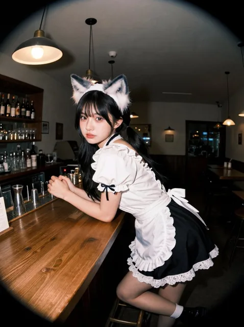 A photorealistic image of a young East Asian woman with long black hair in low twin tails, wearing a fluffy gray wolf ears headband and a white frilly off-shoulder maid blouse with black ribbon details, leaning over a wooden counter in a cozy maid café at night, looking back with a playful expressio
