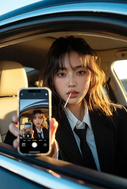 A hyperrealistic portrait of a stunning young Asian woman leaning out of a luxury car window during golden hour, holding a smartphone that displays a recursive selfie image matching the scene, wearing a trendy black pinstripe blazer and holding a white lollipop stick, with warm sunlight highlighting