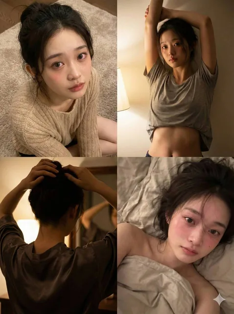 A hyper-realistic 8K four-panel composition depicting a woman in an intimate, steamy setting with voyeuristic elements. The panels show her in different poses: submission from a high angle, tension with raised arms, a rear view while dressing, and a private selfie with a flushed face, all maintainin