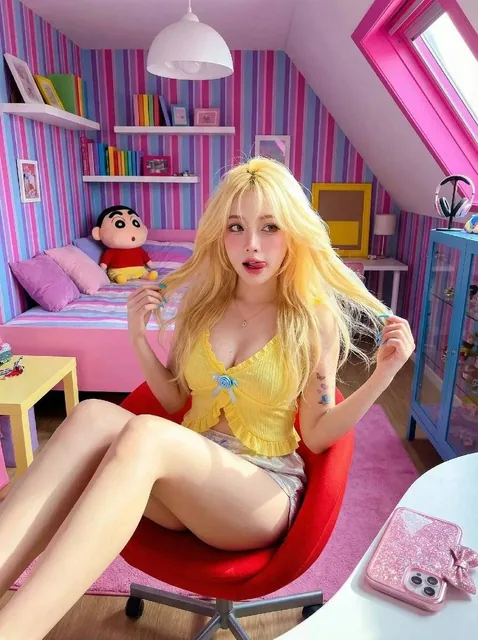 An ultra-realistic HDR cinematic photo of a person in a cute minimalist attic bedroom, featuring a bright pink window and vertical stripe wallpaper in purple, pink, and blue with Dopa Mine Decor style, using the uploaded face as the only reference to maintain true facial identity.
