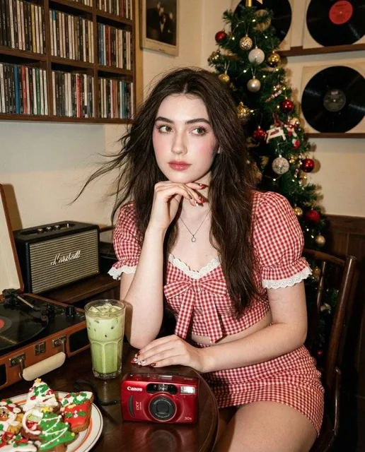 A hyper-realistic portrait of a cute Asian woman with doll-like features, seated at a dark wooden table in a retro café. She wears a red-and-white checkered puff-sleeve top and mini skirt, with a soft smile and big eyes. The table holds a vintage amplifier, record player, iced matcha latte, Christma