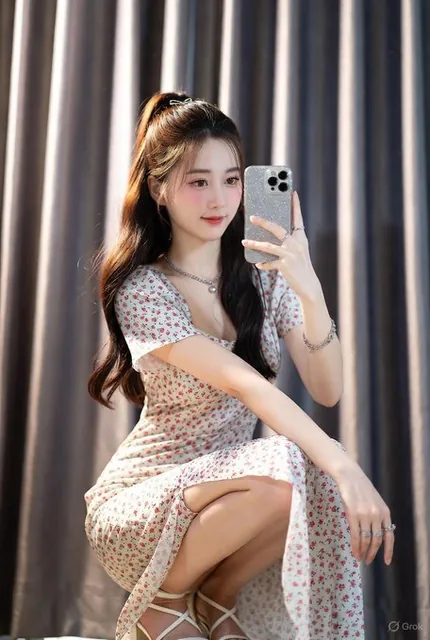 A young woman squatting gracefully indoors while taking a mirror selfie, wearing a light-colored floral maxi dress with red and pink prints, holding a smartphone in a glitter silver case, with soft warm lighting illuminating her face and outfit against dark grey curtains.