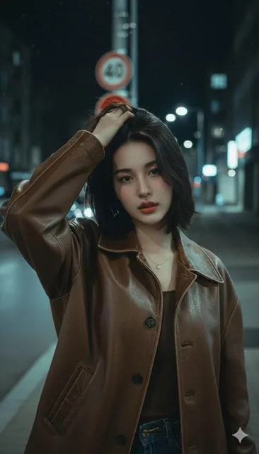 A captivating vintage shot of a young woman with a strong, alluring gaze, standing on a city street at night, wearing a taupe brown hijab pashmina and a distressed brown leather jacket, with urban elements like streetlights and signs in the background.