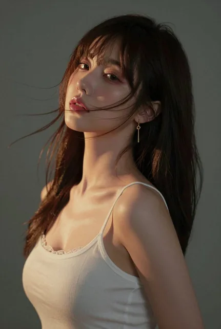 An artistic female portrait in pure desire style, featuring soft lighting, subtle makeup, and a white tank top against a dark green background, capturing a blend of innocence and sensuality with cinematic depth.
